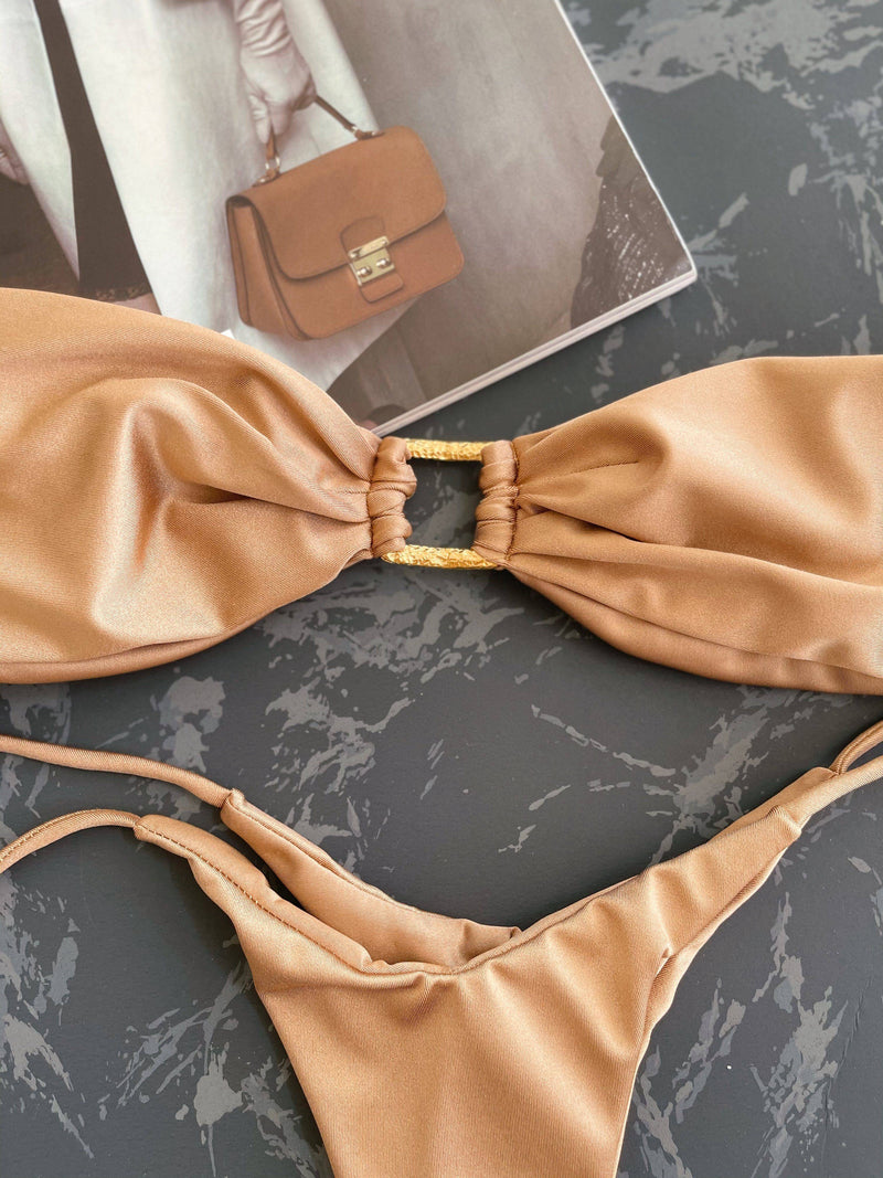 CoCo Bandeau Bikini Bottom - Vintage Ring Coffee Brown - Lovy Bikinis 